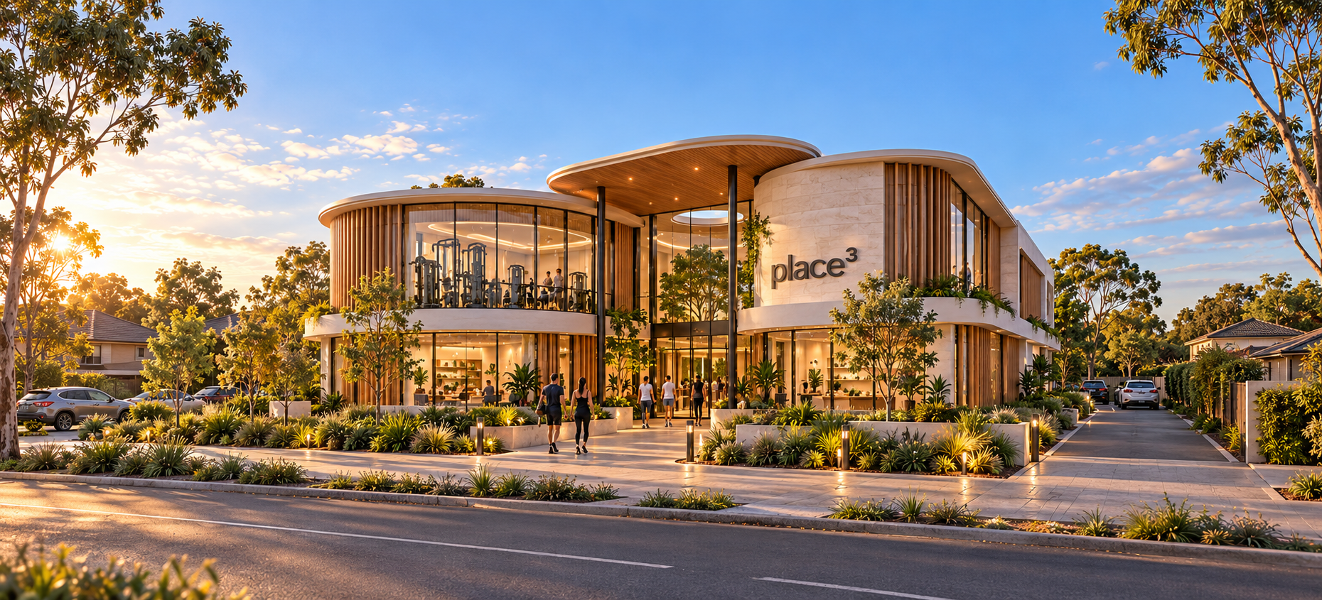 Place 3 architectural concept showing a curved timber canopy, stone facade and landscaped arrival on Kelton Street